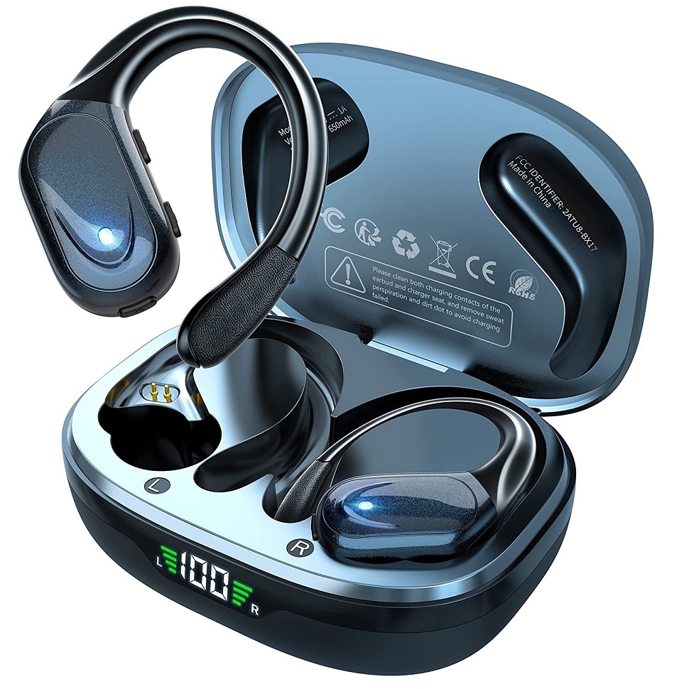 블루투스 5.3 이어폰, 마이크 버튼이 있는 진정한 무선 헤드폰, 소음 감소 이어후크, 스포츠용 방수 헤드셋